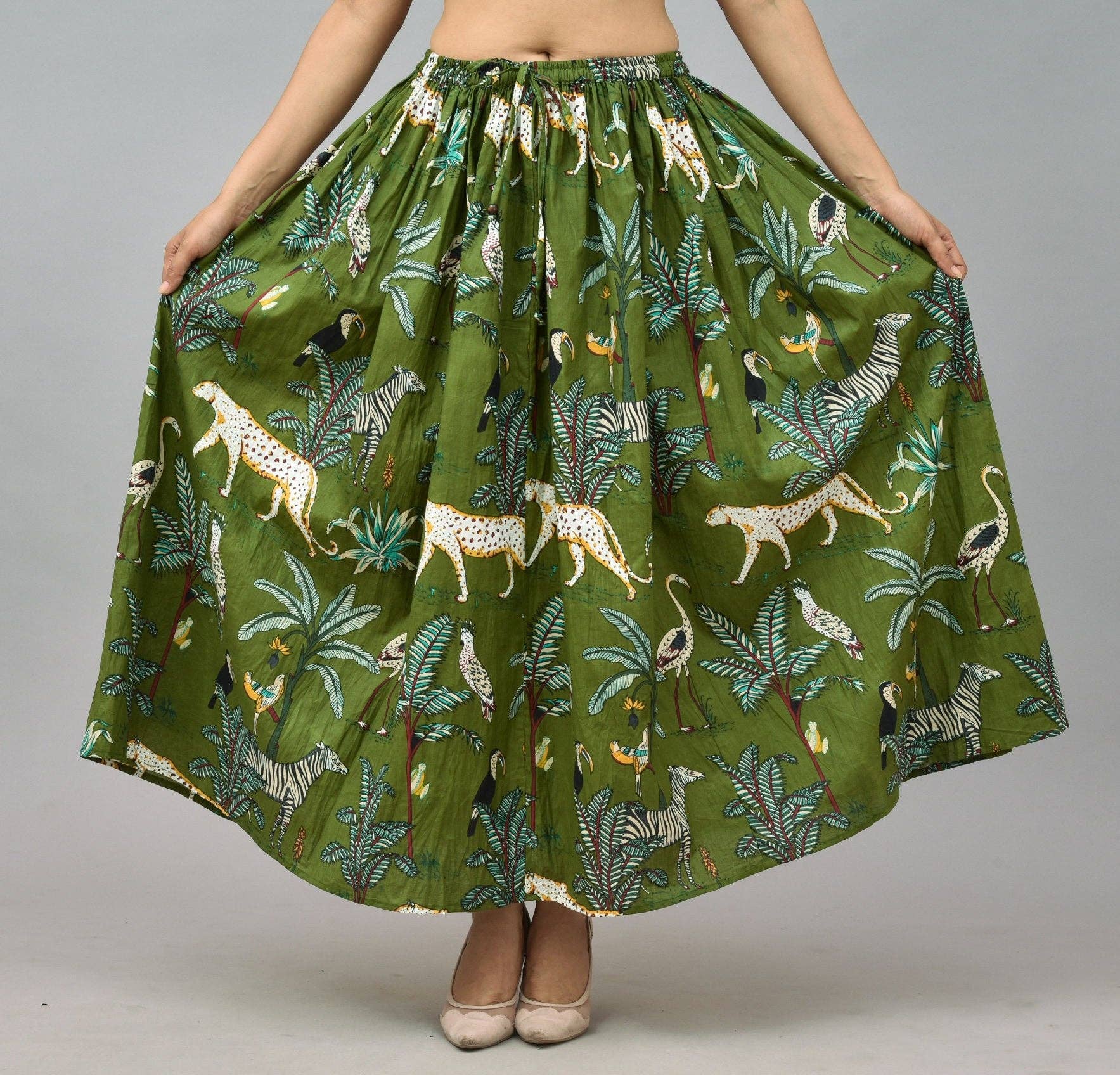 Tiger Block Printed Cotton Skirt in Green