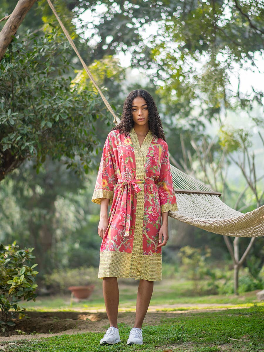 Printed Bird Coral Cotton Kimono for Women| One Size