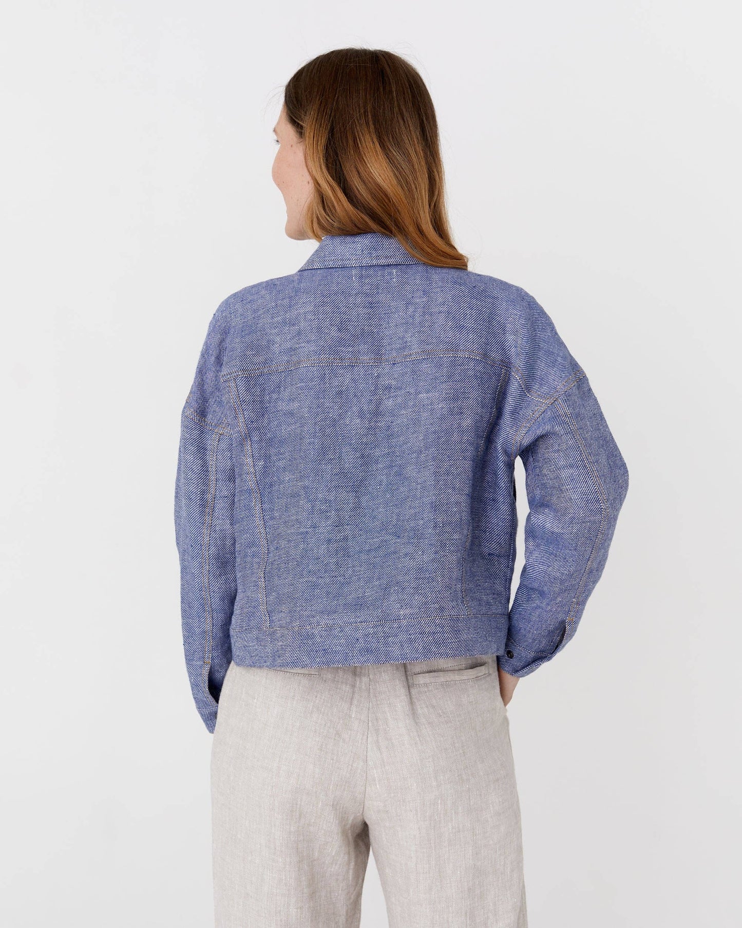 Cropped linen jacket LEURA in Denim