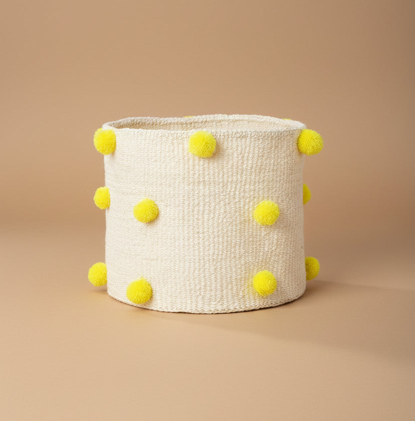 Natural Sisal Bin with Yellow Pom Poms