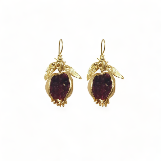 Contemporary Handmade Red Pomegranate Gold Earrings