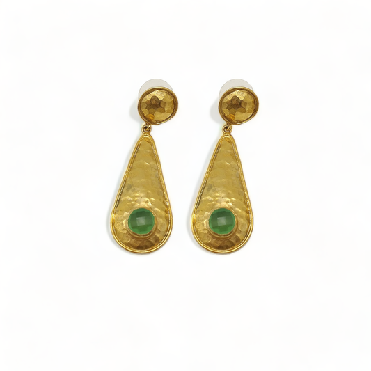 Green Onyx Handmade Hammered Gold Earrings