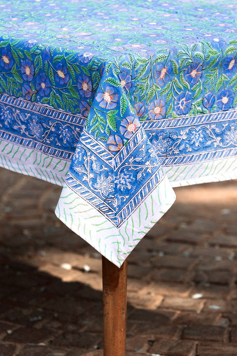 Sage & Blue Floral Block Print Cloth Tablecloth