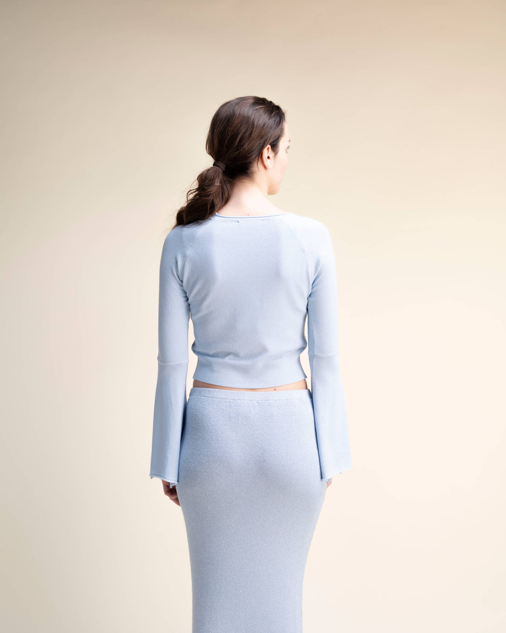 Viscose Mix Cropped Knit Top with Bell Sleeves