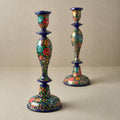 Wooden Candle Stick Holder 12" | Dark Blue Floral