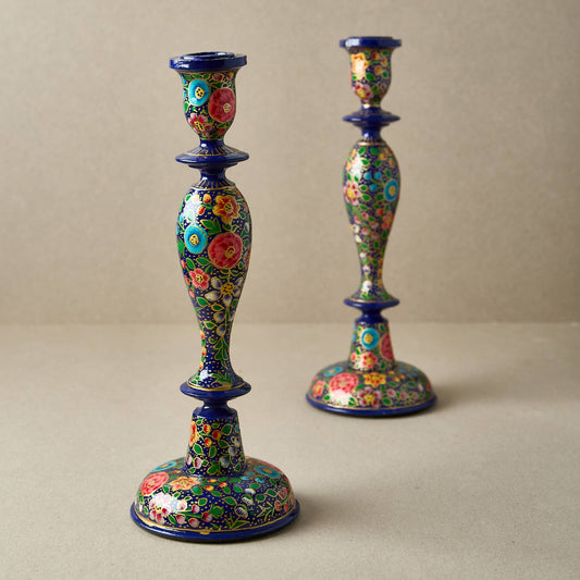 Wooden Candle Stick Holder 12" | Dark Blue Floral