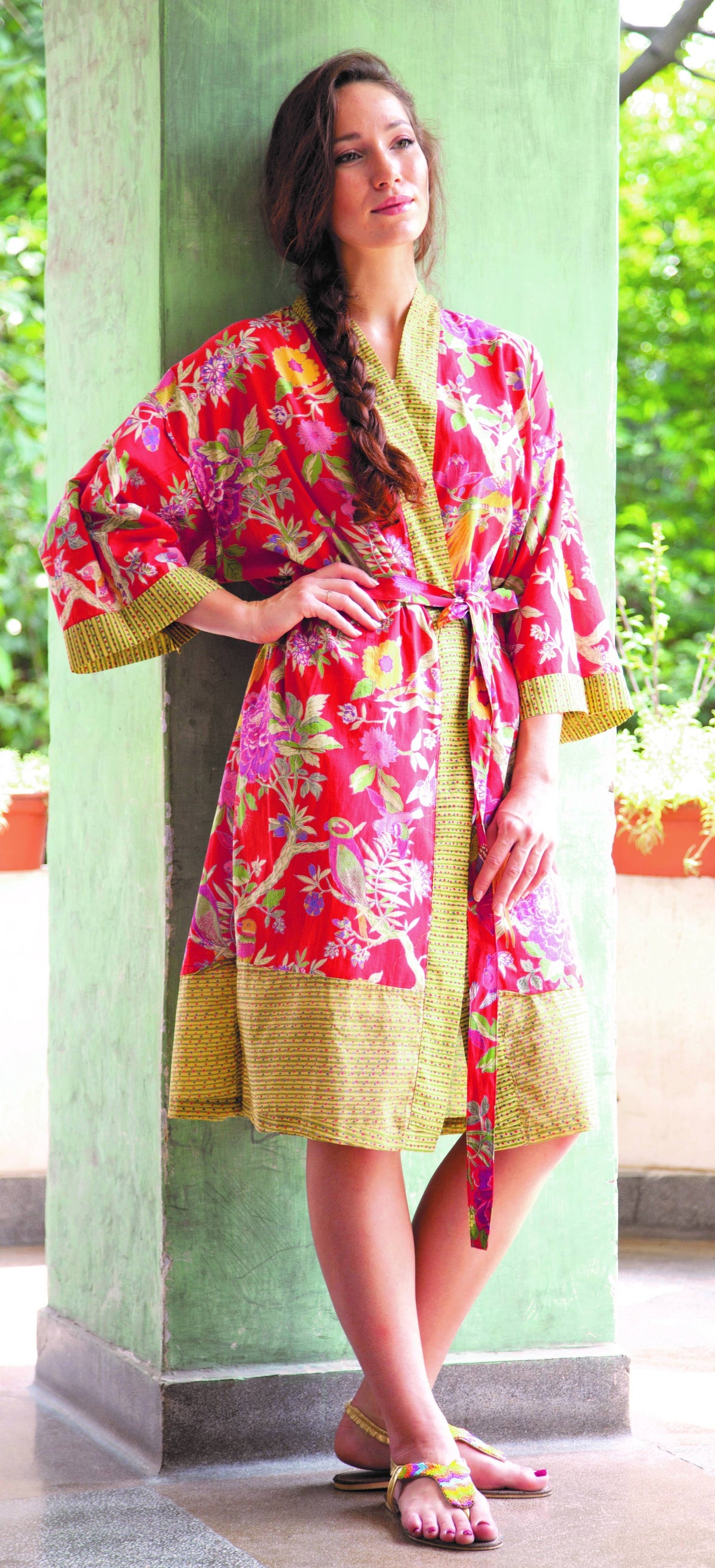 Printed Bird Coral Cotton Kimono for Women| One Size