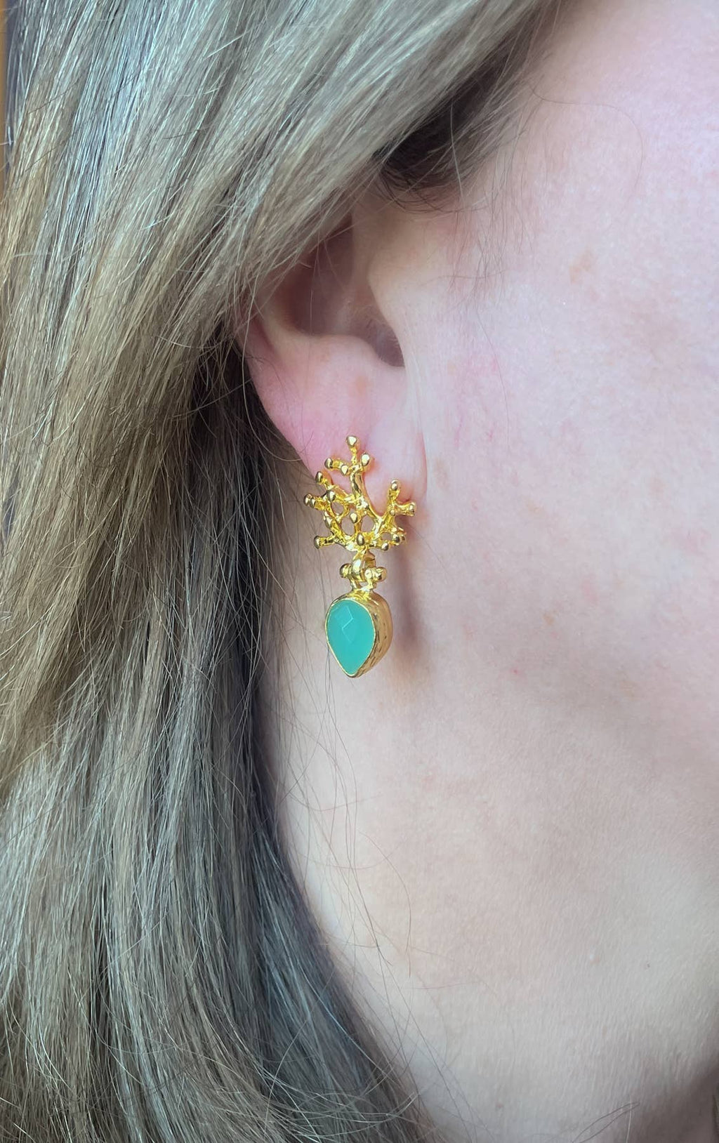 Gold plated coral branch earring with aqua chalcedony