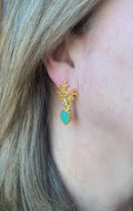 Gold plated coral branch earring with aqua chalcedony