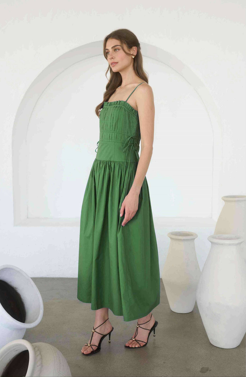 Side Tie  Pleated Midi Dress in Moss Green