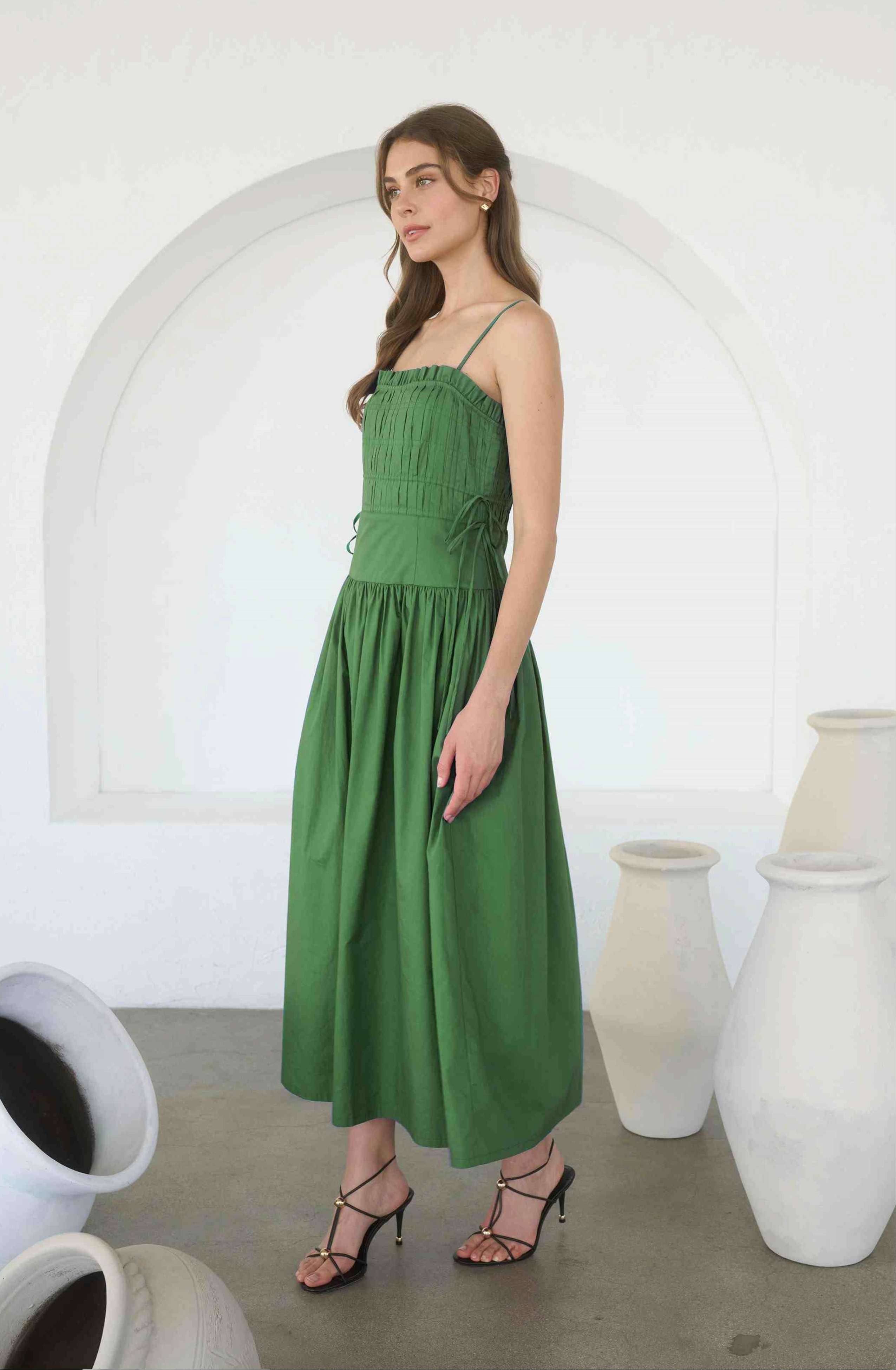 Side Tie  Pleated Midi Dress in Moss Green