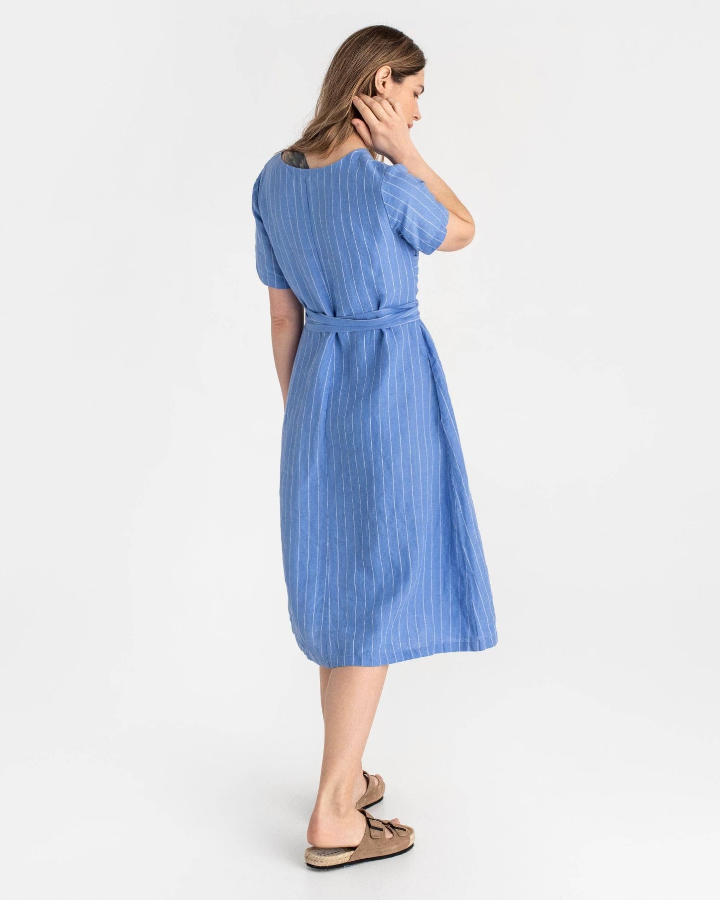 Midi wrap linen dress MANILA in Blue stripes