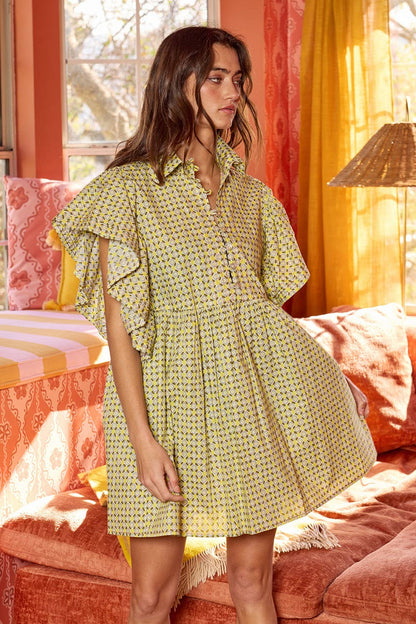 Ruffle Sleeves Pintuck Geographic Print Mini Dress