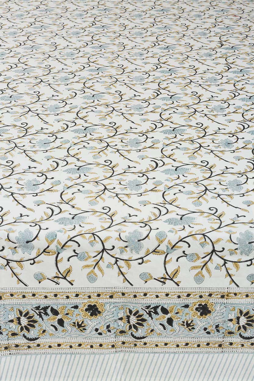Silver Floral Block Print Cloth Tablecloth