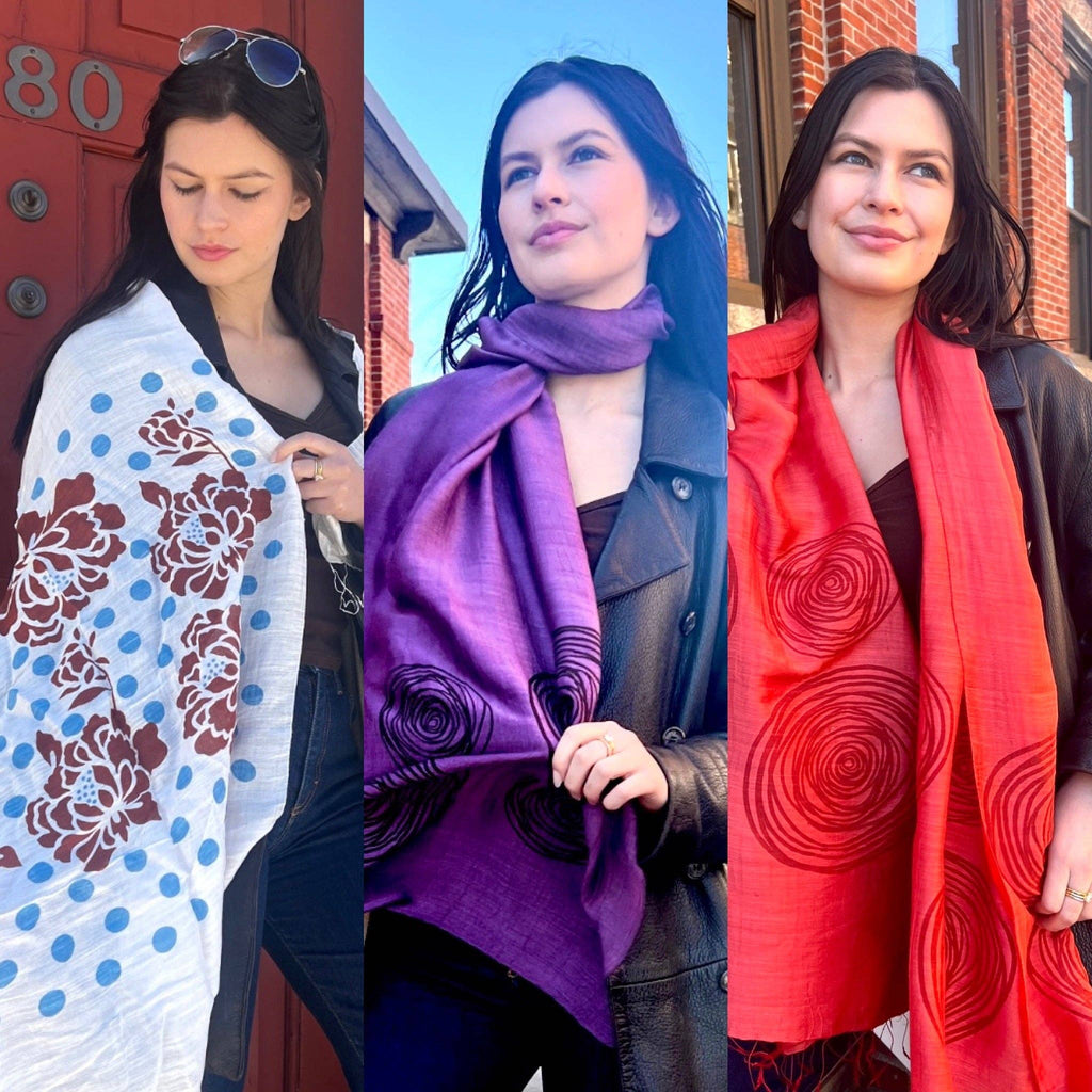 Screen Printed Silk Blend Scarves, made by hand in Vietnam