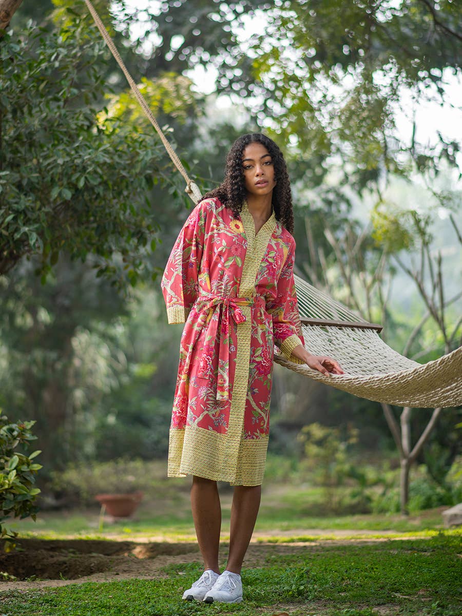 Printed Bird Coral Cotton Kimono for Women| One Size