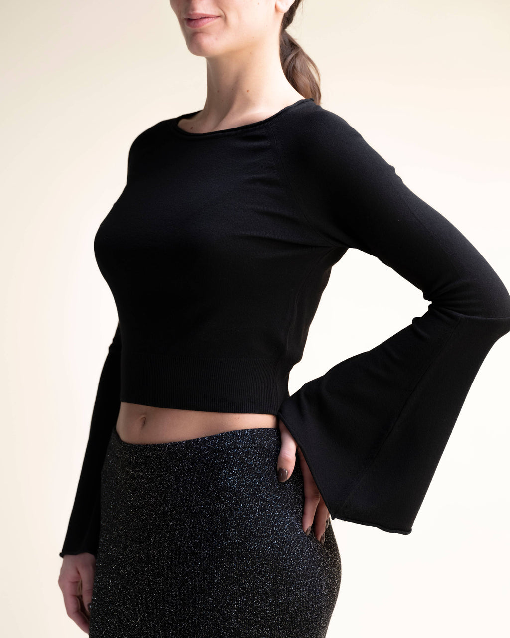 Viscose Mix Cropped Knit Top with Bell Sleeves