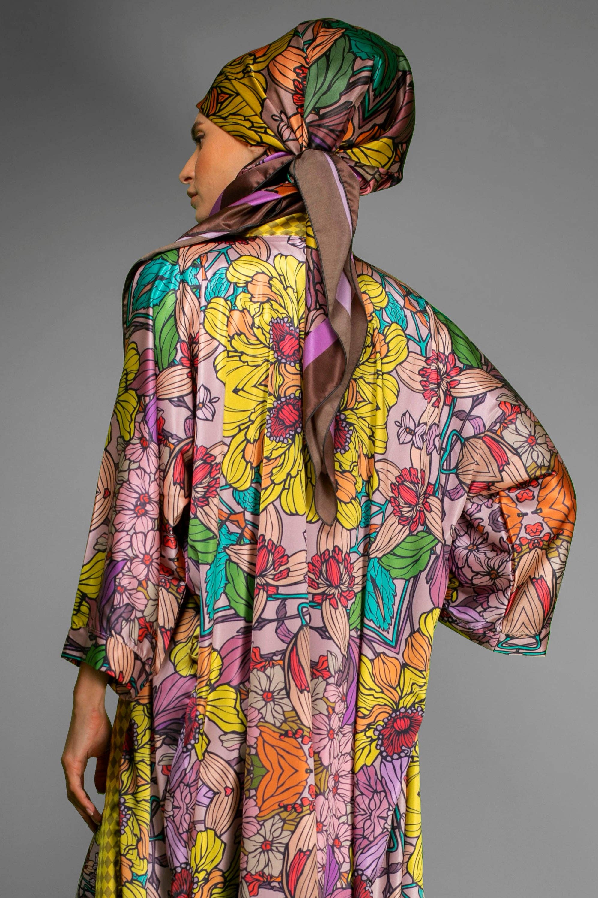 Golden Floral Satin Kimono