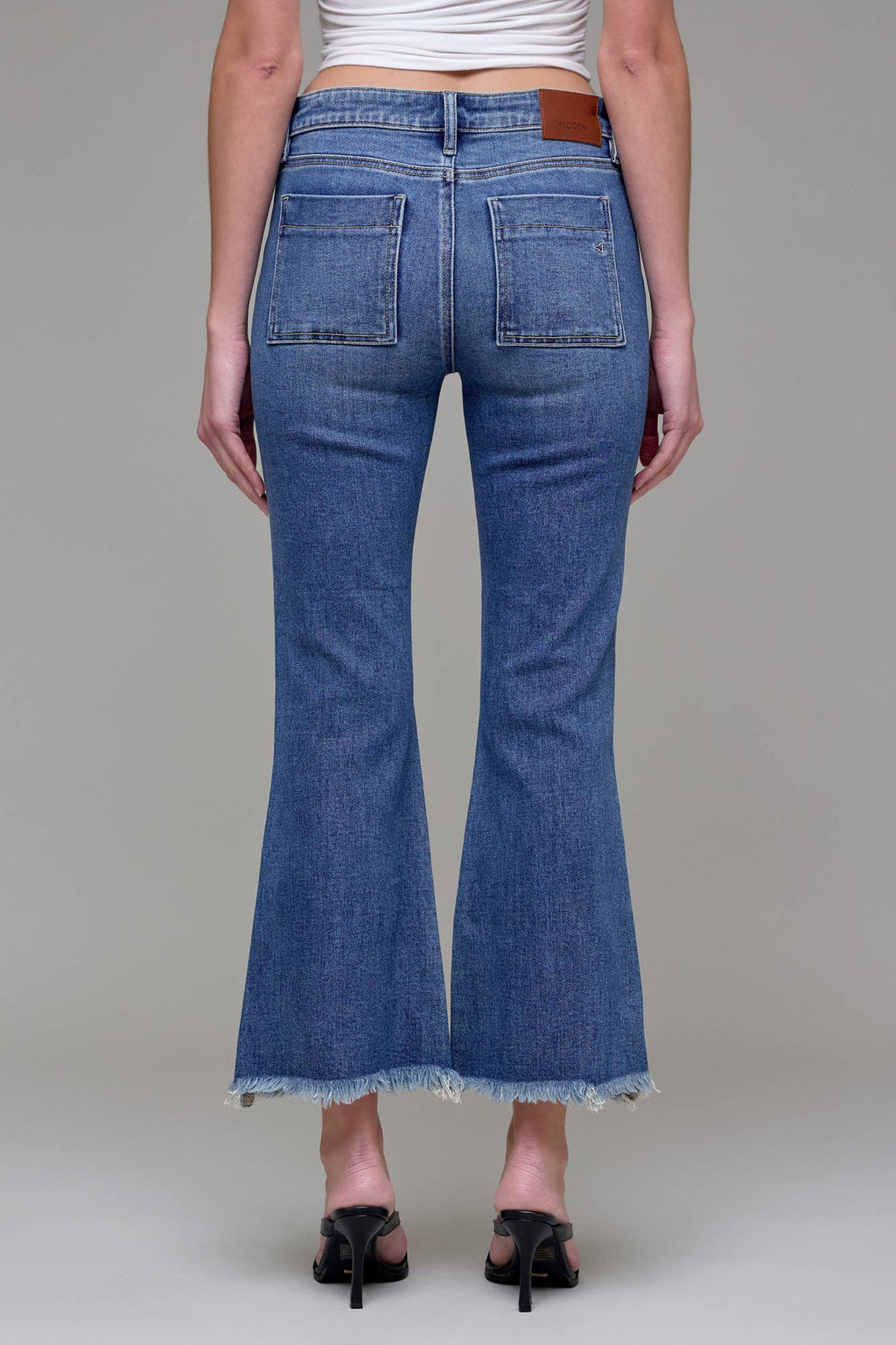 Medium Wash Frayed Hem Cargo Crop Flare