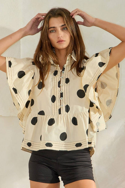 IT2337 Ruffle Sleeves Pintuck Detail Polka Dot Print top