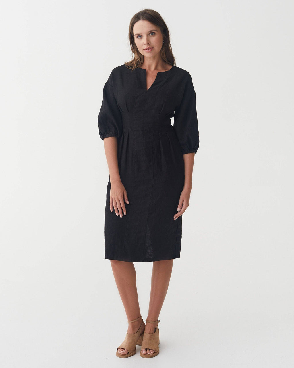 Balloon Sleeve Linen Dress BORNEO in Black