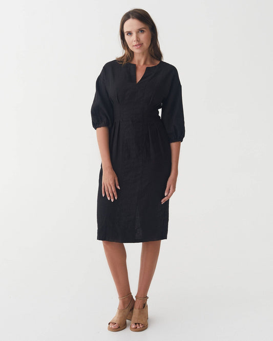 Balloon Sleeve Linen Dress BORNEO in Black