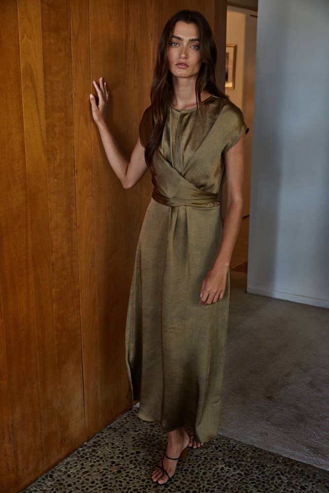 Woven Satin Cross Front Tie Strap Maxi Dress