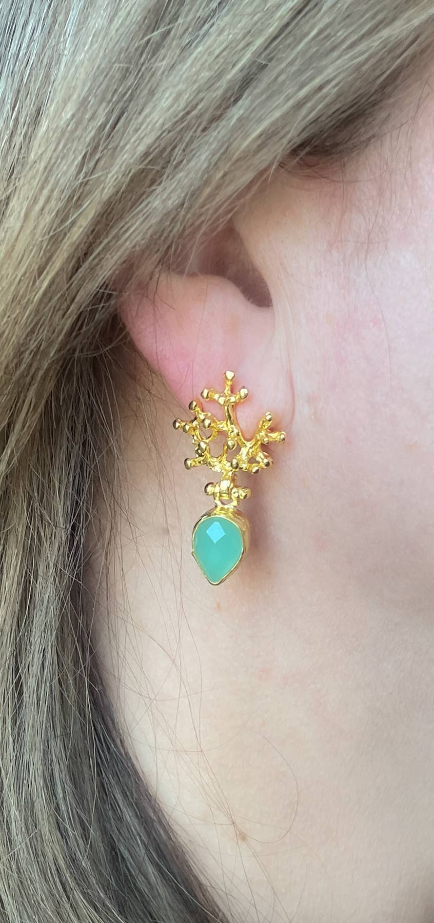 Gold plated coral branch earring with aqua chalcedony