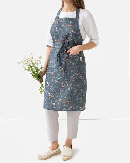 Linen bib apron with pocket in Wildflower navy| Floral print