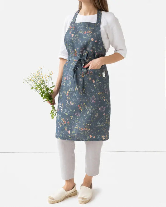 Linen bib apron with pocket in Wildflower navy| Floral print