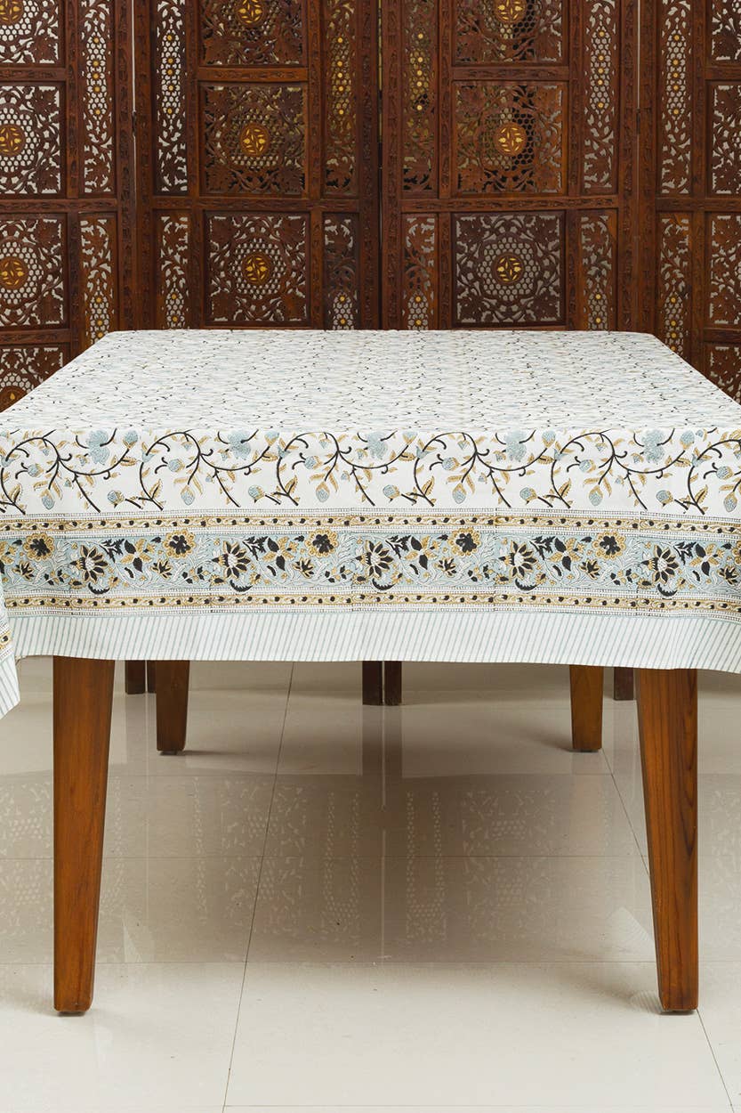 Silver Floral Block Print Cloth Tablecloth