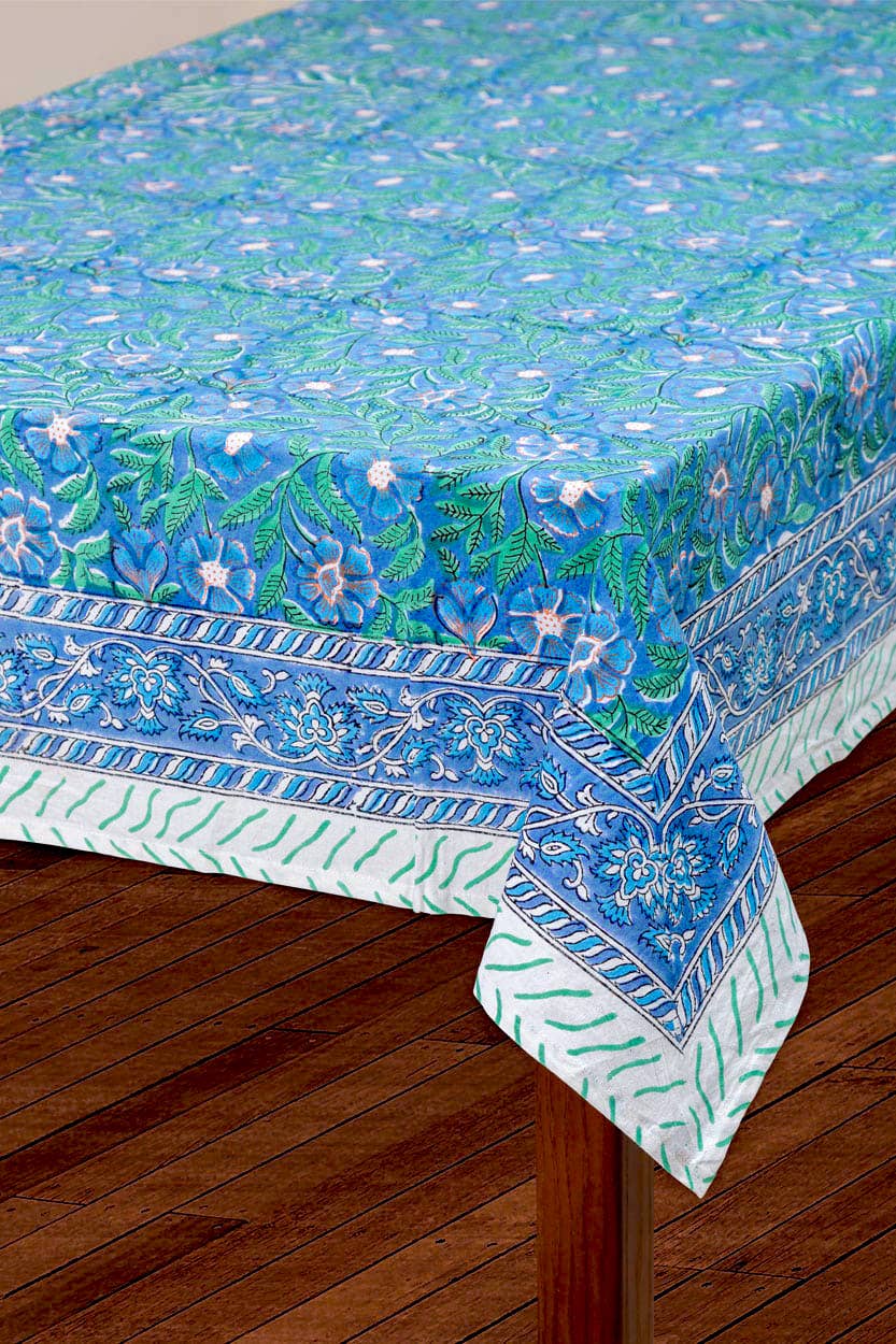 Sage & Blue Floral Block Print Cloth Tablecloth
