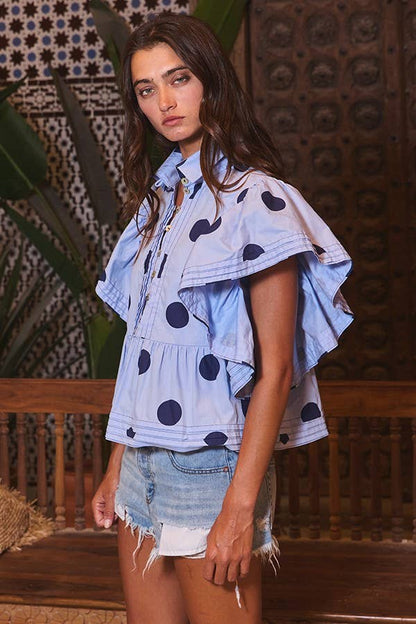 IT2337 Ruffle Sleeves Pintuck Detail Polka Dot Print top
