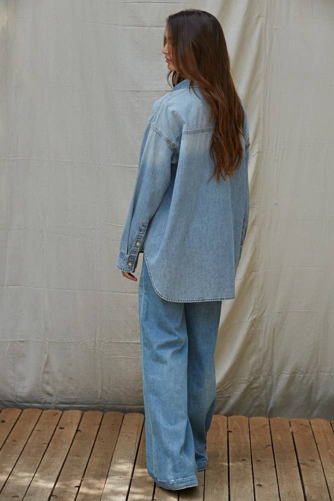 Woven Cotton Chambray Denim Button-Down Shirt