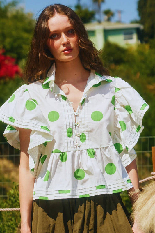 IT2337 Ruffle Sleeves Pintuck Detail Polka Dot Print top
