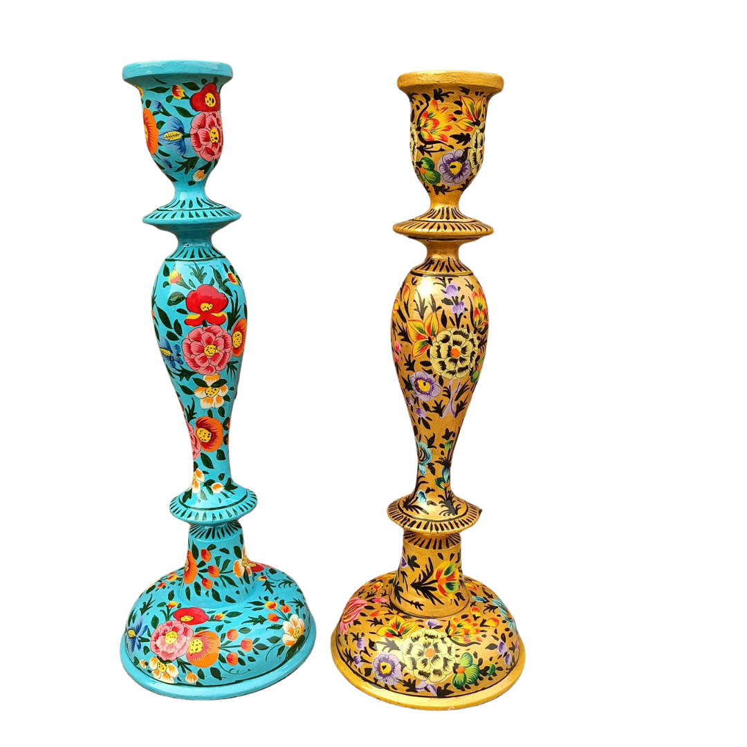 Wooden Candle Stick Holder 12" | Dark Blue Floral